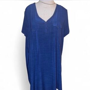 Elie McCarthy Woman Blue Shift Dress 2X Short Sleeve V-Neck Button Front